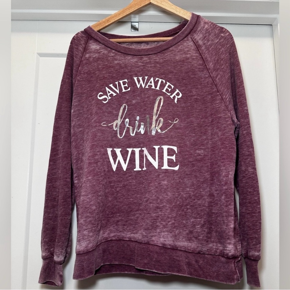 💜❤️ Oversized Burgundy, White, & Silver “Save Water Drink Wine” Top - Size Small